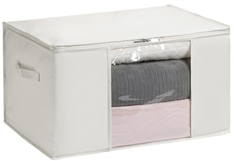 TYEERS Large Storage Bags with Zip and Clear Window, Cotton Blended Fabric Storage Containers for Seasonal Clothes and Bedding, 60x40x35 cm, 1-Pack, Beige