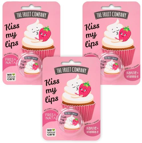 The Fruit Company Bálsamo Labial FRESA NATA | Hidrata y Repara con Manteca y Karité Vitamina E | Sin Aceites Minerales Kiss My Lips Pack de 3 uds