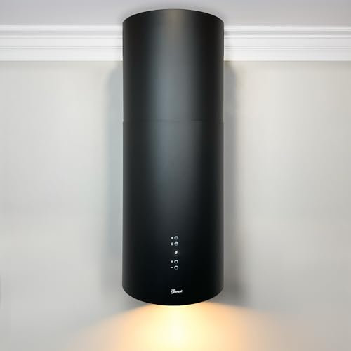 GURARI Inselhaube GCH I 385 36 BL Prime, Runde Insel Dunstabzugshaube 36 cm, Schwarz, Deckenhaube, 1000m³/h, 4 Stufen,Display, LED Beleuchtung
