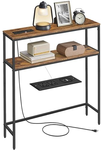 VASAGLE Table Console étroite avec Prise de Courant, 2 Niveaux avec 2 étagères, 20 x 80 x 80 cm, pour Salon, Couloir, entrée, Marron Rustique et Noir Encre ULNT135K01