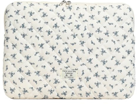 CHAMAIR Puffy Laptop Sleeve 13 Inch Cute Laptop Case Floral Quilted Laptop Sleeve Cute Notebook Cover Aesthetic Macbook Case 12'' 13'' (Blue 13in)