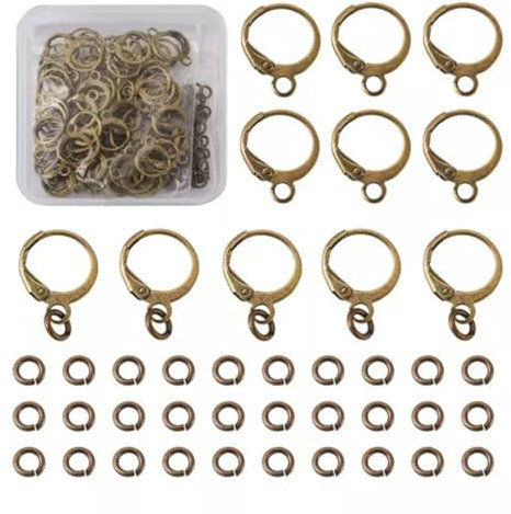 250pcs/box Brass Lever Back Earring Hook & Open Jump Rings Mixed Color-Antique Bronze