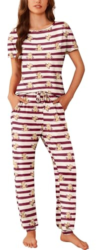 Ekouaer Womens Pyjamas Set Short Sleeve Cute Printed Long Pants 2 Piece PJ Sets Cuffed Sleepwear with Pockets, Teddy Bear Red Stripes, L