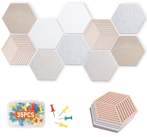 GAESHOW 10 Stück sechseckige Kork-Pinnwand, 30 x 26 x 0,9 cm, Pakete aus Akustikplatten mit 35 Reißzwecken, Korktafel für Wand, Tür, Decke, Kamel