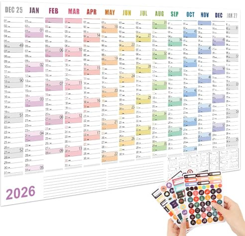 Yooyan Jahresplaner 2026 Wandkalender, Einfacher Wandkalender Groß (ca. (74,2×52,5 cm) mit Jahresübersicht, Planer & Aufklebern, Gefalzt für Büro, Schule & Zuhause, Praktischer Jahresplaner