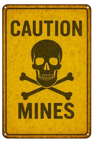 Blechschild „Caution Mines“ – Warnschild mit Totenkopf & gekreuzten Knochen – Vintage Gefahren-Motiv – Retro Metallschild als Hinweis- & Deko-Schild