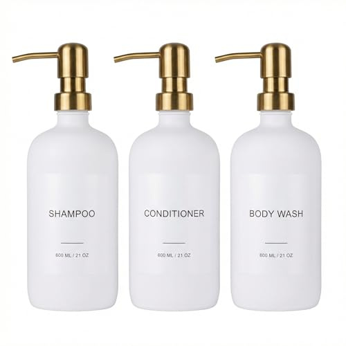 Shampoo and Conditioner Dispenser Set - 3 Pack 600ml/21oz Refillable PET Shower Bottles with Stainless Steel Pump, Funnel & Labels, Bathroom Shampoo Dispenser for Shower (Gold)