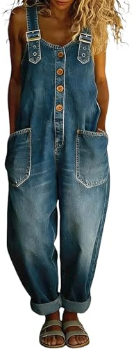 FUPODD Jumpsuit Damen Jeans Locker Latzhose Damen Sommer Lang Overall Elegant Denim Romper Mit Tasche Knöpfe Jeanslatzhose Frauen Schicke Playsuit Vintage Latzhosen Casual Einteiler Jean Overalls