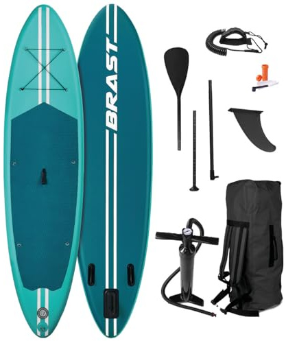 BRAST SUP Board Primo | Aufblasbares Stand up Paddle Set | 320x81x15cm | 4 Designs | inkl. Zubehör | Alu Paddel Fußschlaufe Hub-Pumpe Reparatur-Kit | Türkis