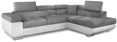 Menzzo Canapé d’Angle Antoni en Simili Blanc & Tissu Gris Clair – Canapé Moderne 5 Places – Angle réversible – L290 x P225 x H85 cm