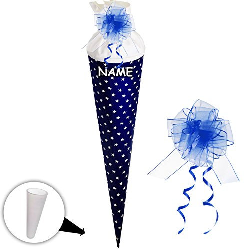 Schultüte/Rohling - blau - Sterne weiß - einfarbig bunt - 15 cm - rund - incl. Name und Schleife - mit Filzabschluß - Zuckertüte - mit/ohne Kunststoff..