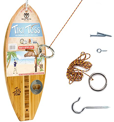 Tiki Toss Bottle Opener with Magnetic Closure - Crack a Cold Bottle and Hang It - 100% Bamboo Hook and Play Ring (All Parts Included)