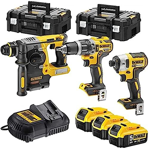 DEWALT 3 x XR 18V Brushless Cordless Drill Compact Impact Driver, Impact Driver, SDS-Plus Drill, XR 18V 5Ah Li-Ion, 3 Batteries, 2 Sets TSTAK DCK368P3T-QW
