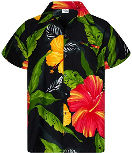 King Kameha Funky Chemise-Hawaienne, Manche-Courte, Big-Flower, Noir, 4XL