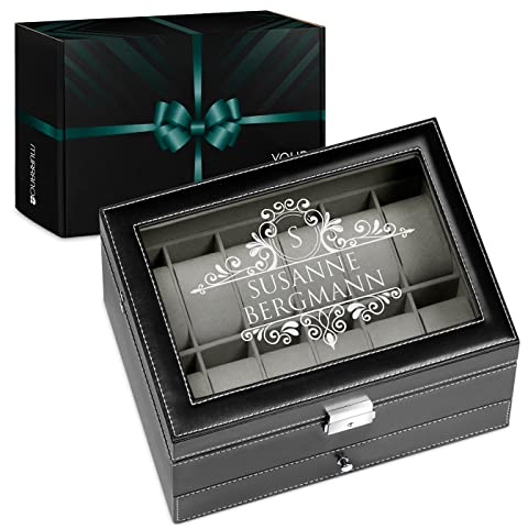 Maverton Uhrenbox mit Gravur für 12 Uhren & Schmuck - 30x20x13cm - Uhrenkasten aus Kunstleder - Schwarz - Geschenk für Damen - Monogramm