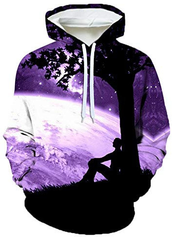 Laizs Felpe Pullover Coulisse con Cappuccio Funky Stampato Tasca Sweatshirt Unisex novità Felpa 3D Hoodie Pianeta Viola A3714,M