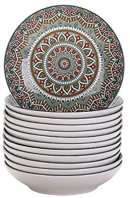 Tafelservice Suppenteller porzellan, vancasso MANDALA 12 teiliges Tiefteller Set, Suppenteller Ø 20,8 cm, Geschirr Tellerset Suppenschalen, böhmischer Stil, 700ml