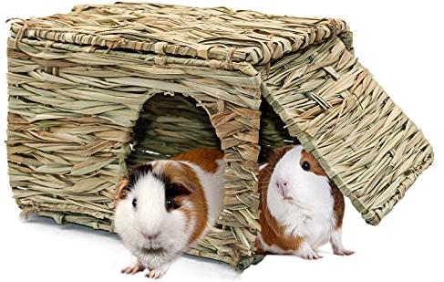 BWOGUE Grande maison en herbe pour cochons d'Inde, cabane en paille tissée à la main, pliable, pour petit animal de compagnie avec double ouverture, cabane pour lapin, cochon d'Inde, chinchilla, furet