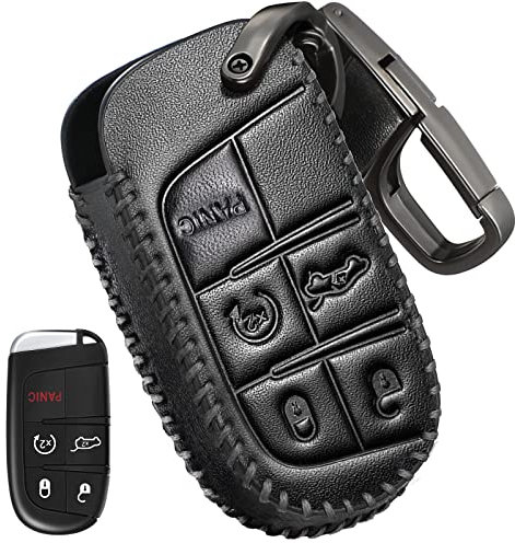 Slohif Leder-Schlüsselhülle für Jeep Grand Cherokee Renegade Chrysler 200 300 Dodge RAM Durango Challenger Journey Dart Fiat 5 Tasten, Ledertasche + D-Ring + Haken (schwarz)