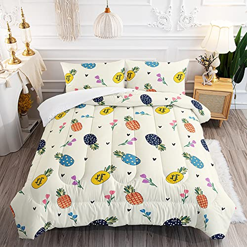 Farbiges Obst-Bettwäsche-Set, moderne schlichte Ananas-Bettwäsche, Tagesdecke für Kinder und Erwachsene, lebendige grüne Blätter und Ananas, Schlafzimmer-Dekor mit 2 Kissenbezügen (Farbe, Queen)