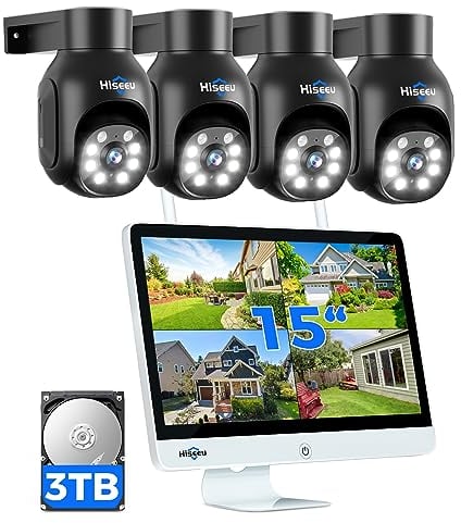 【15 Monitor + 3TB】 Hiseeu Wireless Security Camera System, 10CH NVR Wireless CCTV Camera Systems, 4X5MP PTZ Camera Outdoor, Color Night Vision, Motion detection, 2-Way Audio, 3TB Hard Drive