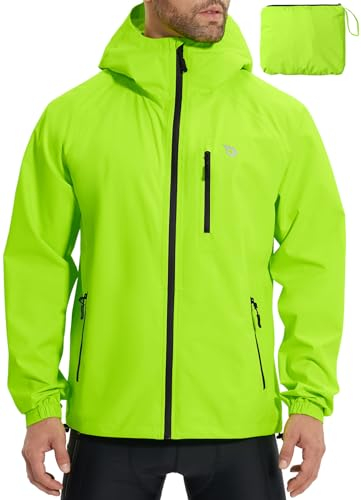 baleaf Herren Fahrradjacke Regenjacke Wasserdicht Windbreaker mit Kapuze 10000mm H2O Wasserdicht Laufjacke Atmungsaktiv Wanderjacke Reflektierend Grün M