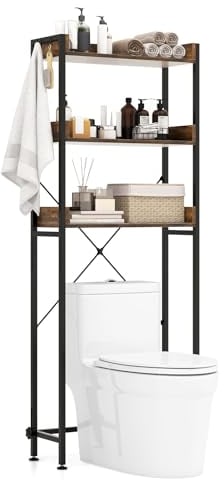 COSTWAY Over Toilet Storage Unit, 3-Tier Freestanding Bathroom Shelf Space Saver with 4 Hooks and Adjustable Bottom Bar, Metal Frame Wooden Tall Over The Toilet Rack Organizer (Rustic Brown+Black)