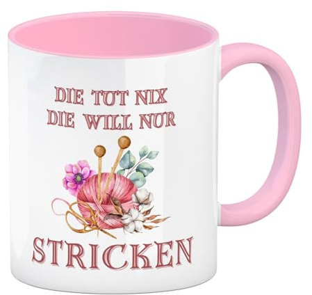 Stricken Kaffeebecher in rosa mit Spruch Die tut nix die will nur stricken Lustige Strick-Tasse Perfekt für Wolle Nähen Entspannung Stricknadeln Schere