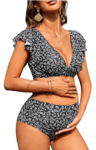 KINLYBO Conjunto de bikini de maternidad de 2 piezas con cuello en V dividido para mujer embarazada, Negro, M