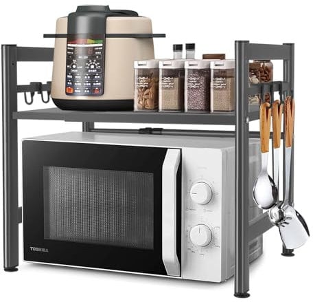 DWDHYEAN Étagères Micro-Ondes de Cuisine Support pour Four à Micro-Ondes Four Micro-Ondes Étagère à Micro-Ondes Extensible de Cuisine avec 6 Crochets Suspendus Organisateur Rangement (Ggris)