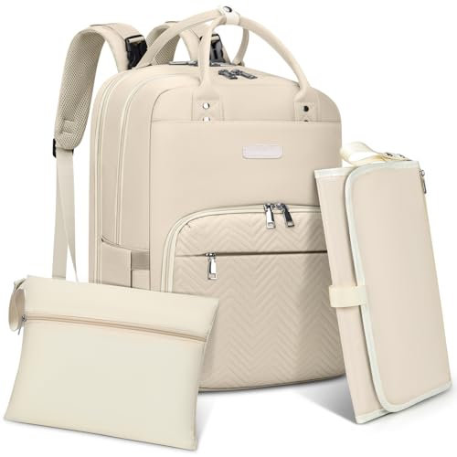 RAINSMORE Wickelrucksack Baby Wickeltasche Rucksack mit Wickelunterlage Unterwegs Groß Diaper Bag Multifunktions Baby Taschen für Mama und Papa Aprikose