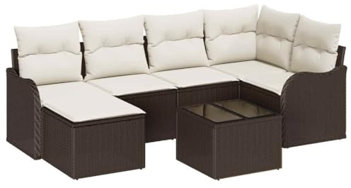 vidaXL Garten-Sofa-Set mit Kissen 7 pcs Braun Poly Rattan, Garten und Terrasse, modernes Rattan-Sofa-Set, wetterfestes Möbel, verstellbare Füße, Coole Sitzmöglichkeiten