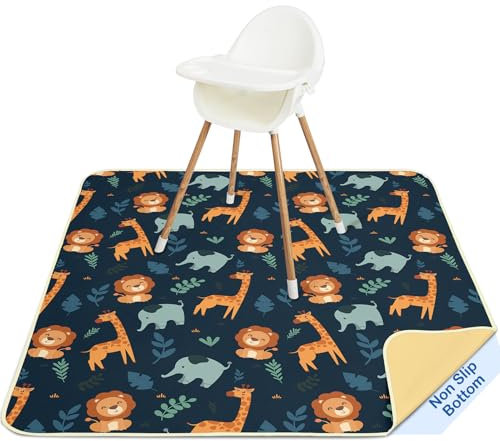 Unicorn Castle High Chair Splash Floor Mat, Waterproof Washable Slip Splash Mat for Under High Chair Food Catcher,Dark Blue Giraffe,107x117cm