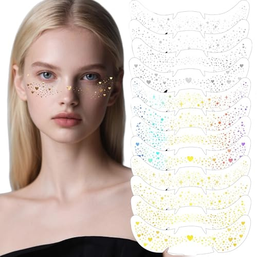 Xanthelle Glitter Freckles, 12 Freckle Tattoo Stickers in Gold Silber Bunt, Festival Glitzer Gesicht Tattoos für Frauen, Festival Make Up und Gesichtstattoo