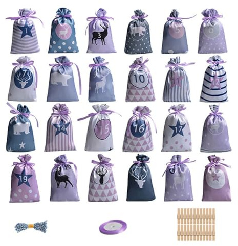 Pqahffowr 24PCS Christmas AdventCalendar Bags Christmas Countdown Gift Bags Reusable Fabric Gift Bags with Drawstring B