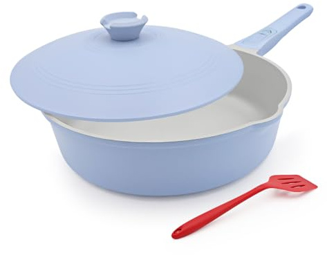 Pfanne 24 cm mit Aluminiumdeckel, Antihaft Keramik Beschichtung- Blau | Schmortopf zum Schmoren, Dünsten, Köcheln und Braten, Leichtgewicht- kühl Bleibender Griff