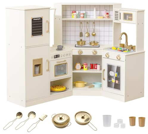 FANTASK Cuisine d'angle en Bois pour Enfants, avec Robinet de Circulation d'eau, Distributeur de Glace et Accessoires de Cuisine, cuisinière, Four, Micro-Ondes, Lave-Vaisselle, Cuisine de Jeu pour