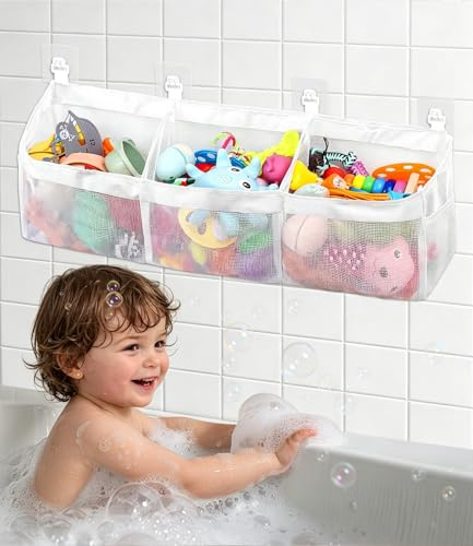 Organizador de Juguete de Baño Bolsa de Juguetes de Baño 67 × 14 × 20 cm | Almacenamiento para la Bañera, Red de Organizadores de Juguetes Baño, Bolsa Juguetes Bañera con 4 Ganchos Autoadhesivos