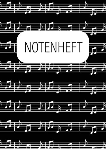 NOTENHEFT: Schwarzes DIN A 4 Heft mit weißem Noten-Aufdruck für Gitarrenunterricht oder Schule für Jungen. 100 Seiten mit Notenlinien.