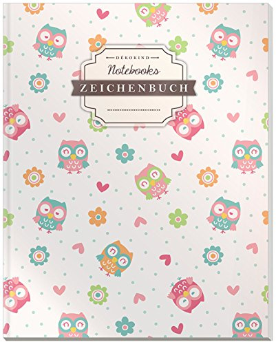 DÉKOKIND Zeichenbuch: DIN A4, 122 Seiten, Register, Vintage Softcover | Dickes Blanko-Notizbuch zum Selbstgestalten | Motiv: Lustige Eulen