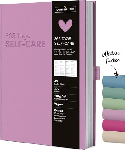 Self-care-Tagebuch Flieder: 365 Tage Ausfüllbuch A5, für mehr Selbstliebe und Dankbarkeit, mit Lesebändchen und Stiftehalter 200 Seiten Schreibliebe
