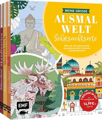 Meine große Ausmalwelt – Sehnsuchtsorte: 3 Bücher im Bundle | Mehr als 150 inspirierende Ausmalmotive für erholsame Urlaubs-Momente | Kolorieren und die Welt entdecken: Mit Wissen zu Natur und Kultur