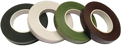 Pack of 4 different coloured stem tape (Light Green, Dark Green, Brown & White) florist stem tape for Corsages, Button Holes, Flower arrangements and Sugar craft