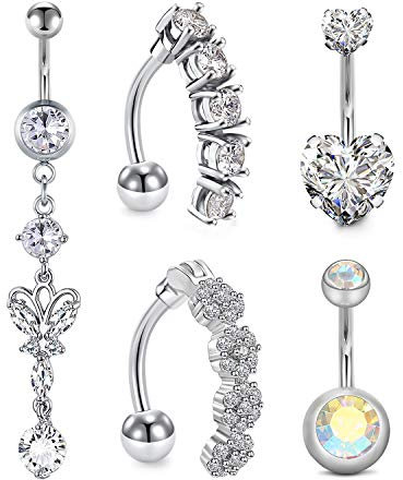 D.Bella 14G Belly Button Ring Surgical Stainless Steel Belly Rings Diamond Butterfly Snake Evil Eye Dangle Navel Rings Reverse Barbell Belly Piercing Jewelry for Women 10mm 3/8
