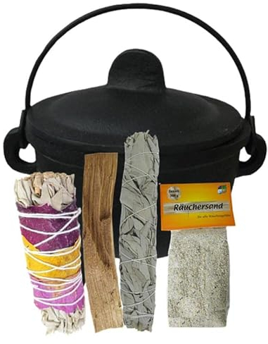 Hexenkessel Gusseisen Räuchergefäß Räucherschale Zauberkessel und Weihrauchbrenner in EINEM 7-TLG Räucherset zum räuchern für Räucherstäbchen und Räucherwerk. 4167-3