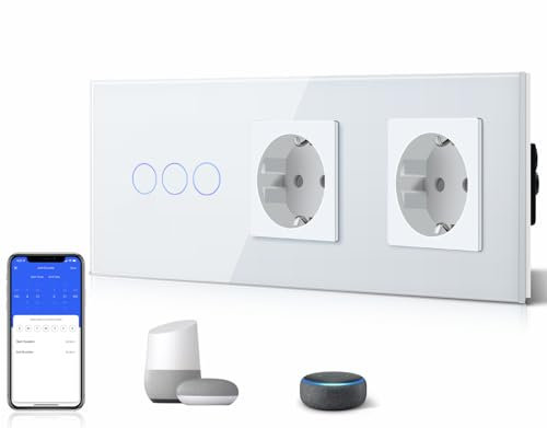 BSEED Presa normale con interruttore della luce Smart Alexa, in vetro WiFi, interruttore touch screen con doppia spina (cavo neutro necessario), 3 scomparti, 1 via, bianco con Alexa/Tuya