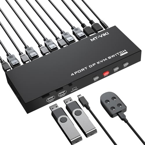 MT-VIKI 4x1 DisplayPort KVM Switch - 4K@60Hz, 4 in 1 out with 4 DP Cables + 4 USB Cables + Desktop Controller