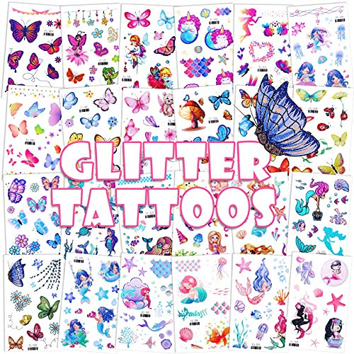 Konsait Glitter Temporary Tattoo for Girls, 24 Sheets Butterfly Mermaid Fairy Flowers Tattoo Stickers for Kids, Waterproof Fake Tattoos for Birthday Party Favors Goodie Bags Stuffers Party Fillers