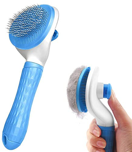 YETEE Cat Brush Dog Brush, Self-Cleaning, Ergonomic, Massaging Bristles, Blue, Multi-Pet, Adult Pet Owners, Unisex, 19.5cm x 10.5cm, 180g