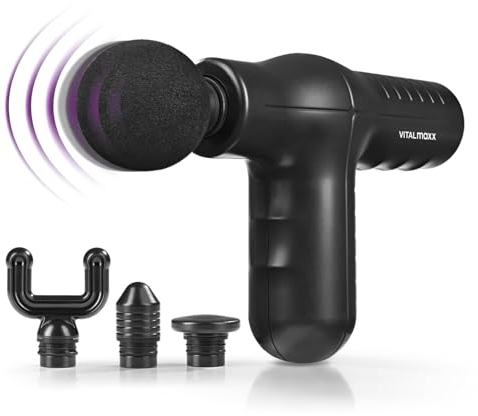 VITALmaxx Elektrische Mini Massage Gun zur Muskelmassage | Mit vier verschiedenen Aufsätzen | Intensive Anwendung in 5 Stufen | Integrierter Akku mit 1800mAh für bis zu 50 Minuten Laufzeit [Schwarz]